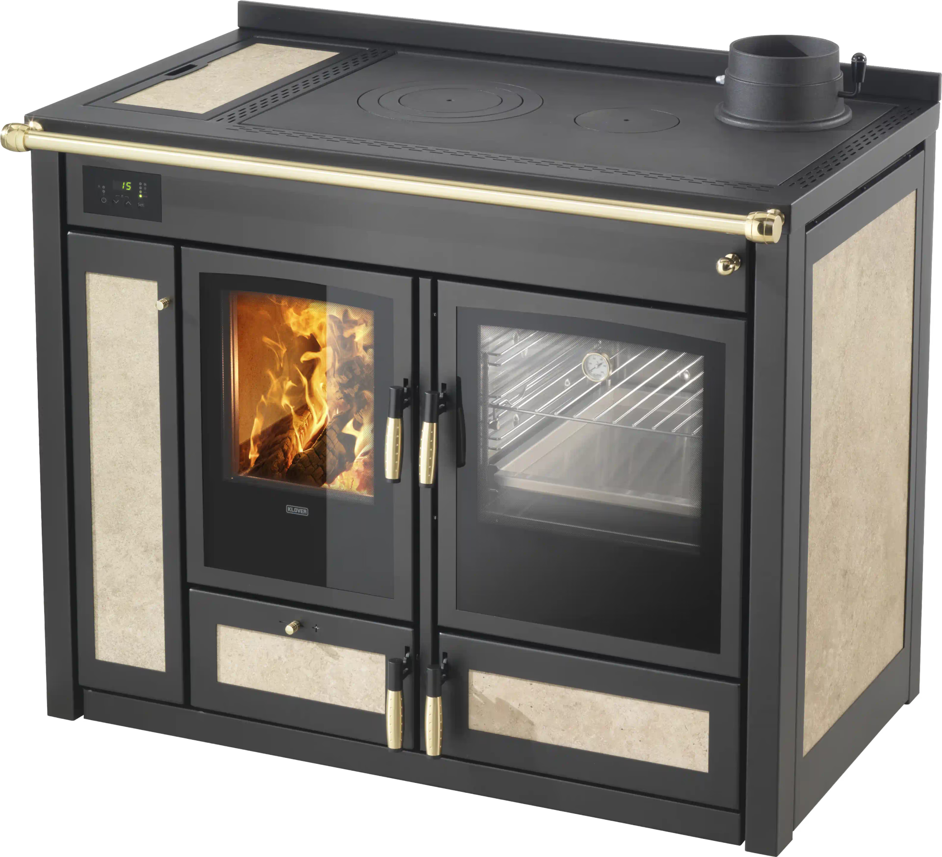 Termostufa a legna Klover Altea Country con forno, stile rustico, con ante a tre quarti e dettagli in ferro battuto.