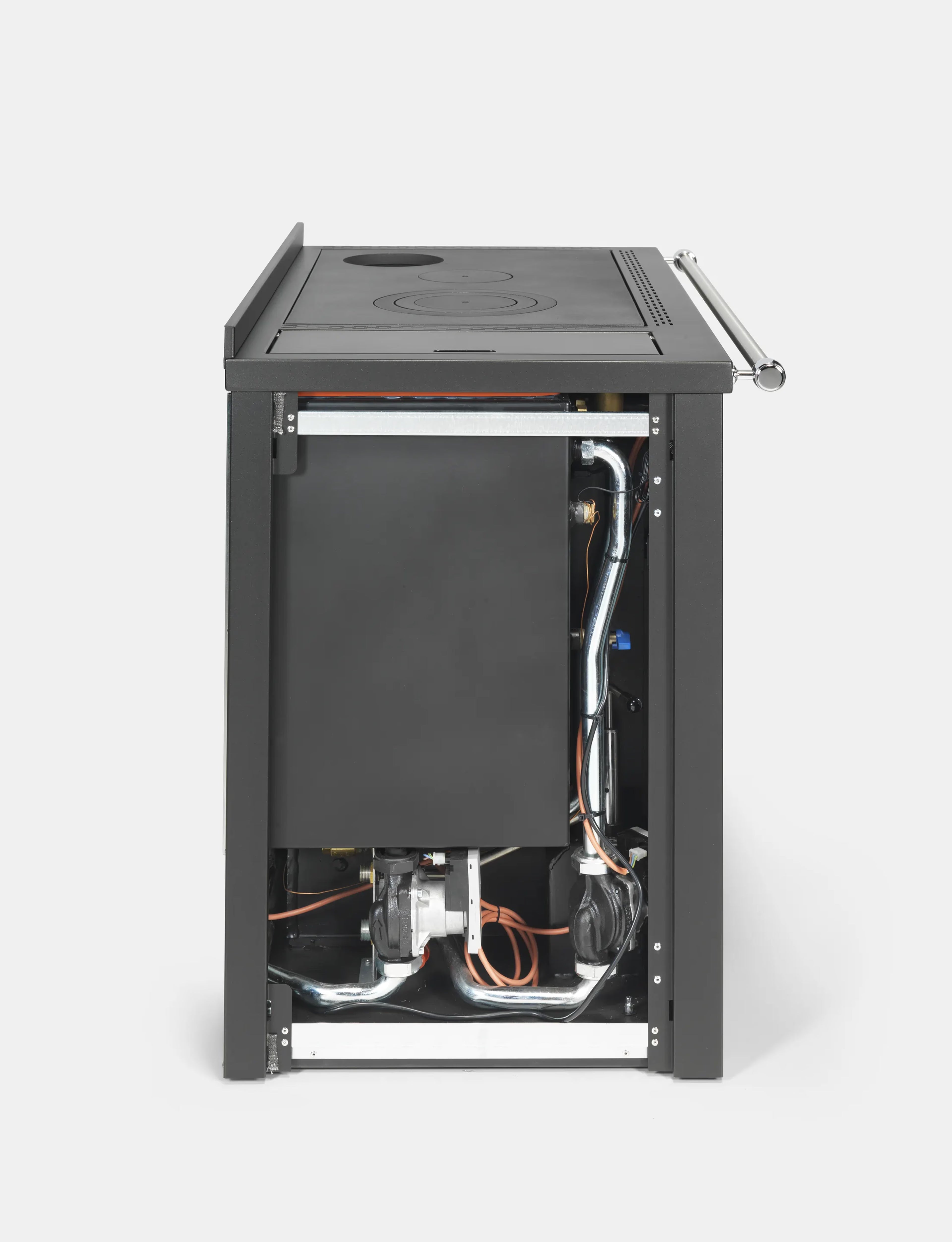 Termostufa a legna Klover Altea con forno, vista laterale, con pannello di controllo e design elegante in acciaio nero.