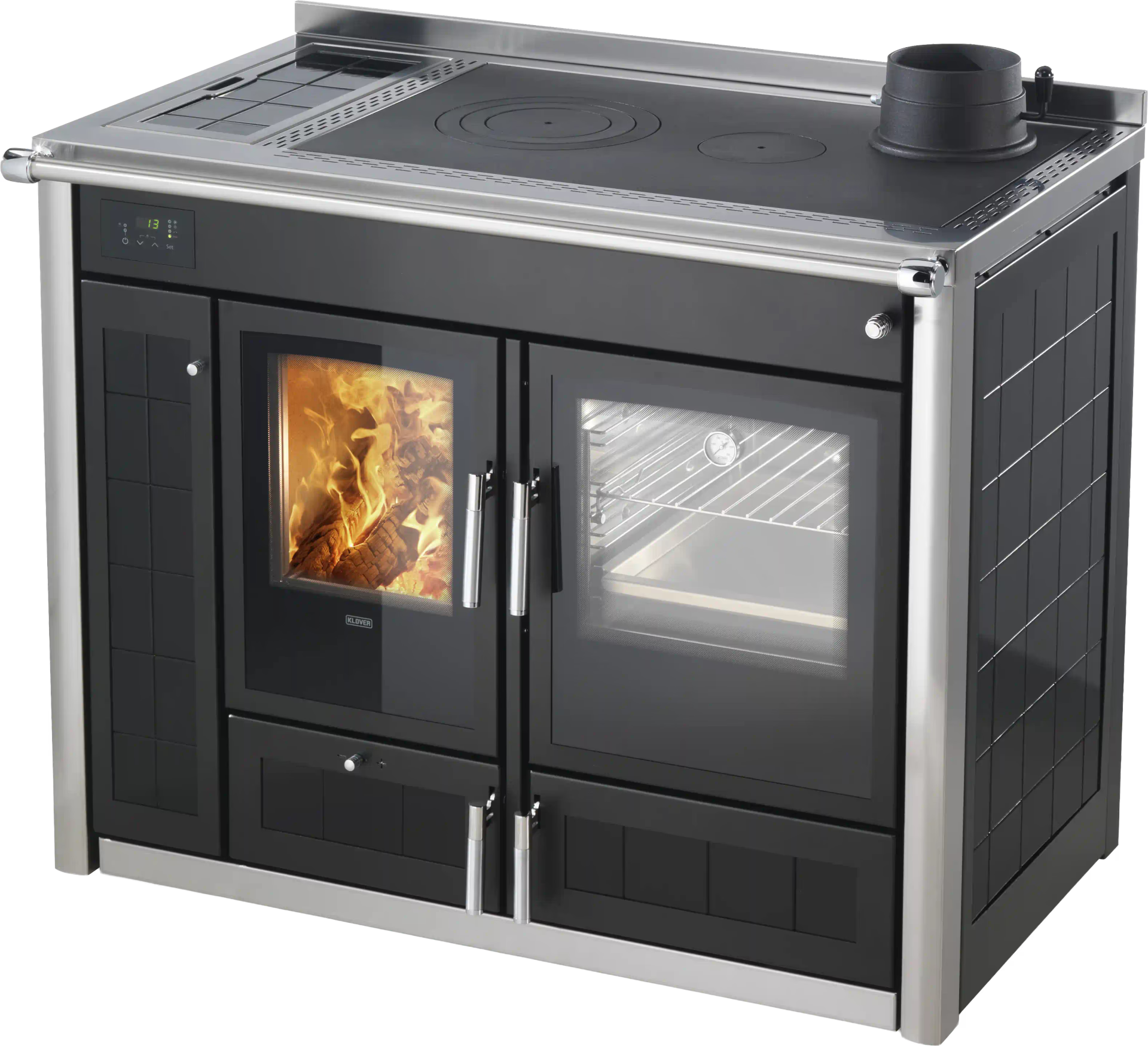 Termostufa a legna Klover Altea Plus con forno, vista frontale con dettagli e porta in metallo nero