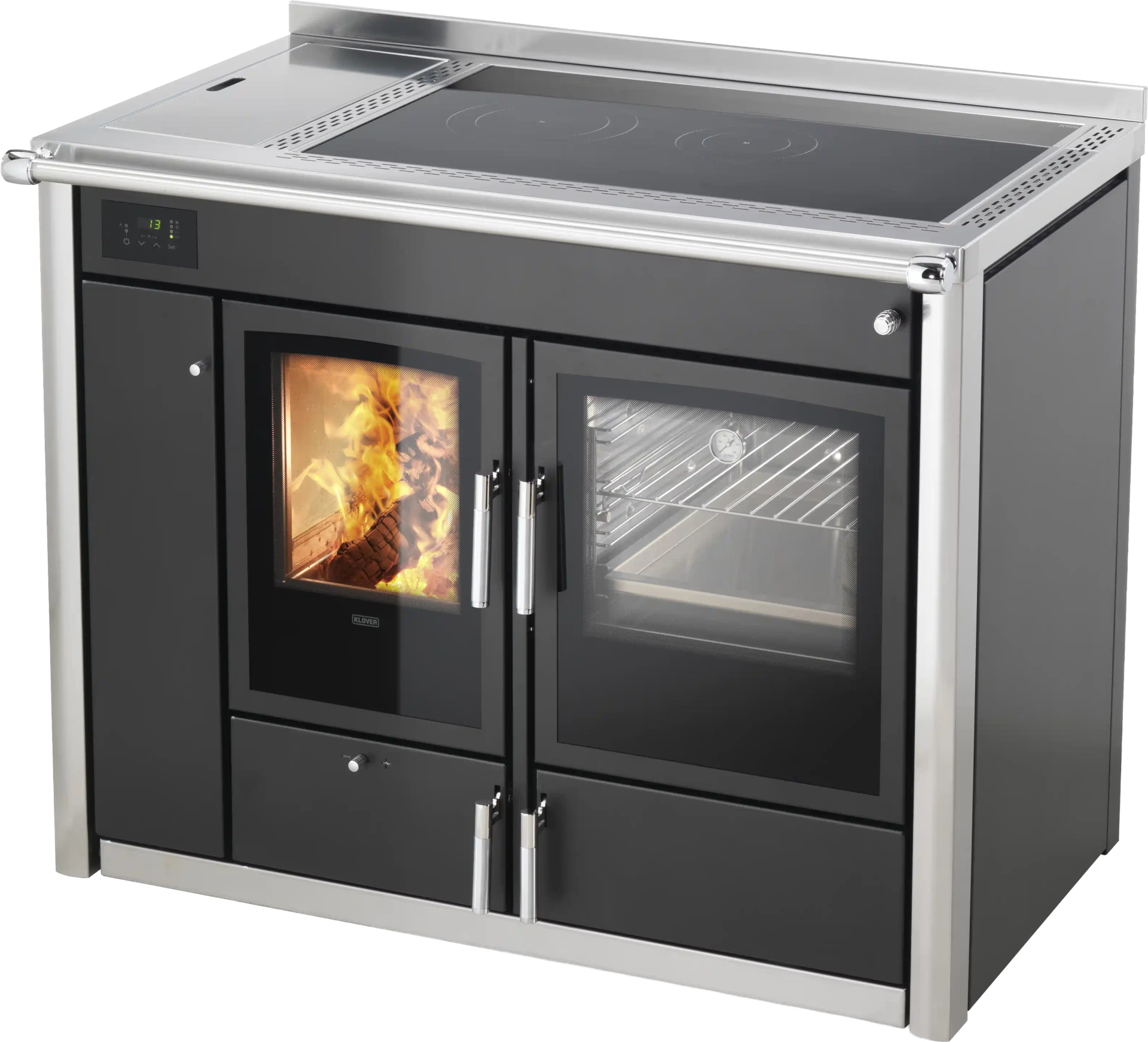 Termostufa a legna Klover Altea con forno, vista frontale con porta in vetro e dettagli in acciaio inox.