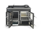 Termostufa a legna Klover Altea con forno, vista aperta che mostra il design elegante e il vano forno integrato.
