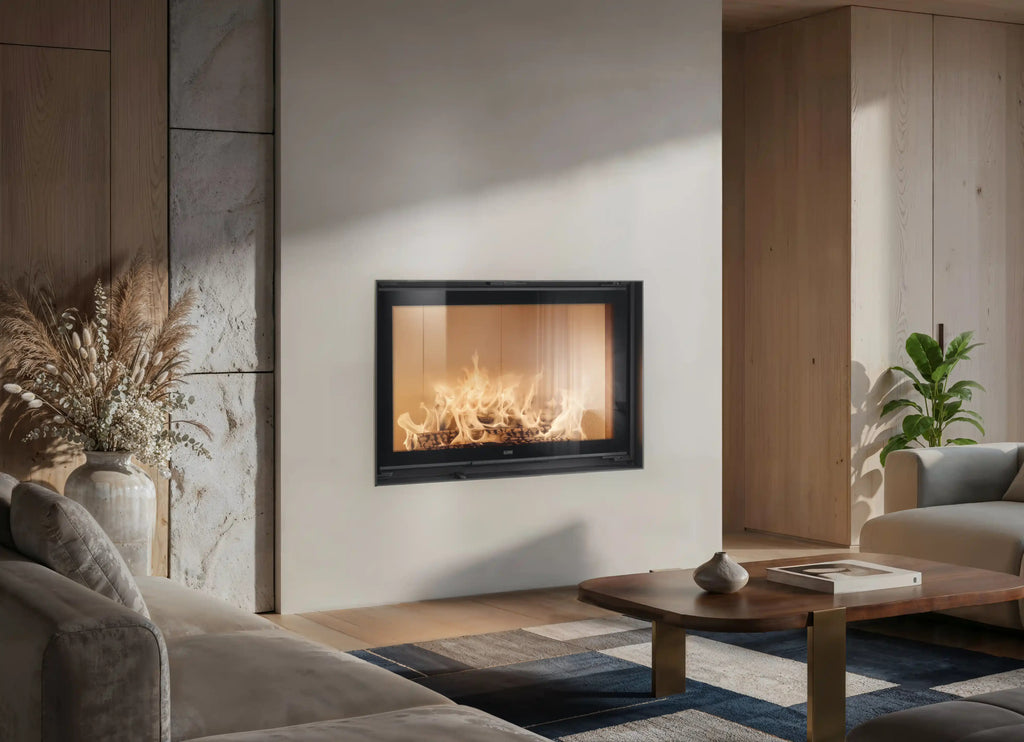 Camino a legna Klover Frontal Block 950 in ambiente domestico, con design moderno e stile elegante.