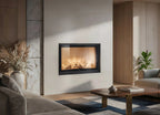 Camino a legna Klover Frontal Block 950 in ambiente domestico, con design moderno e stile elegante.