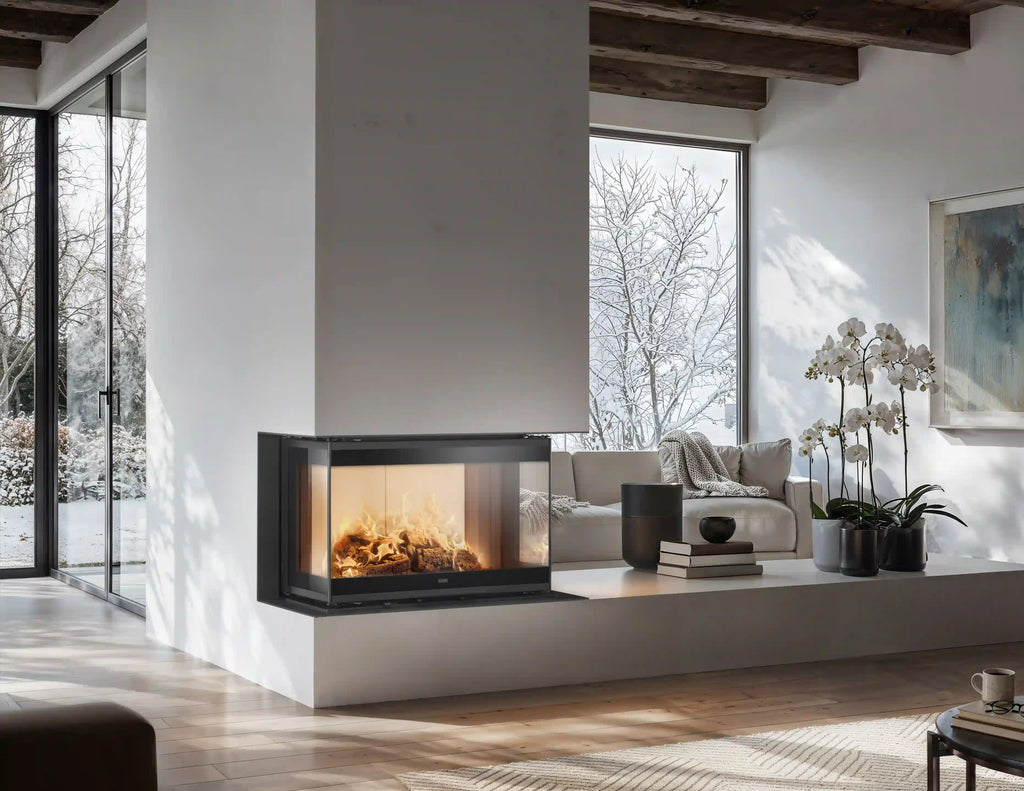 Camino a legna Orion 800 di Klover in ambiente, con struttura trifacciale in acciaio e vetro, ideale per riscaldare e decorare.