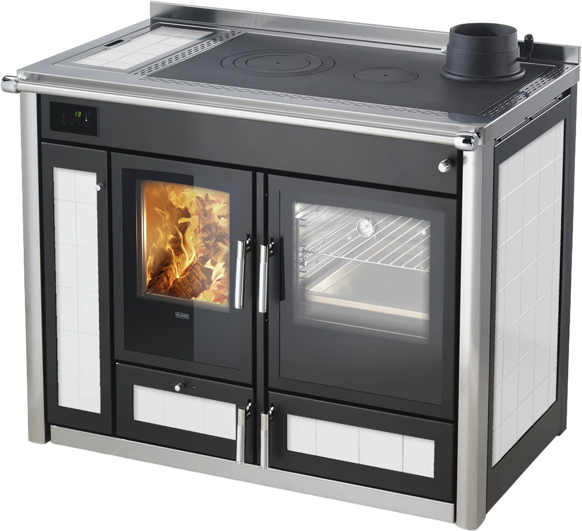 Termostufa a legna Klover Altea Plus con forno, in colore avorio, vista frontale con dettagli e maniglie.