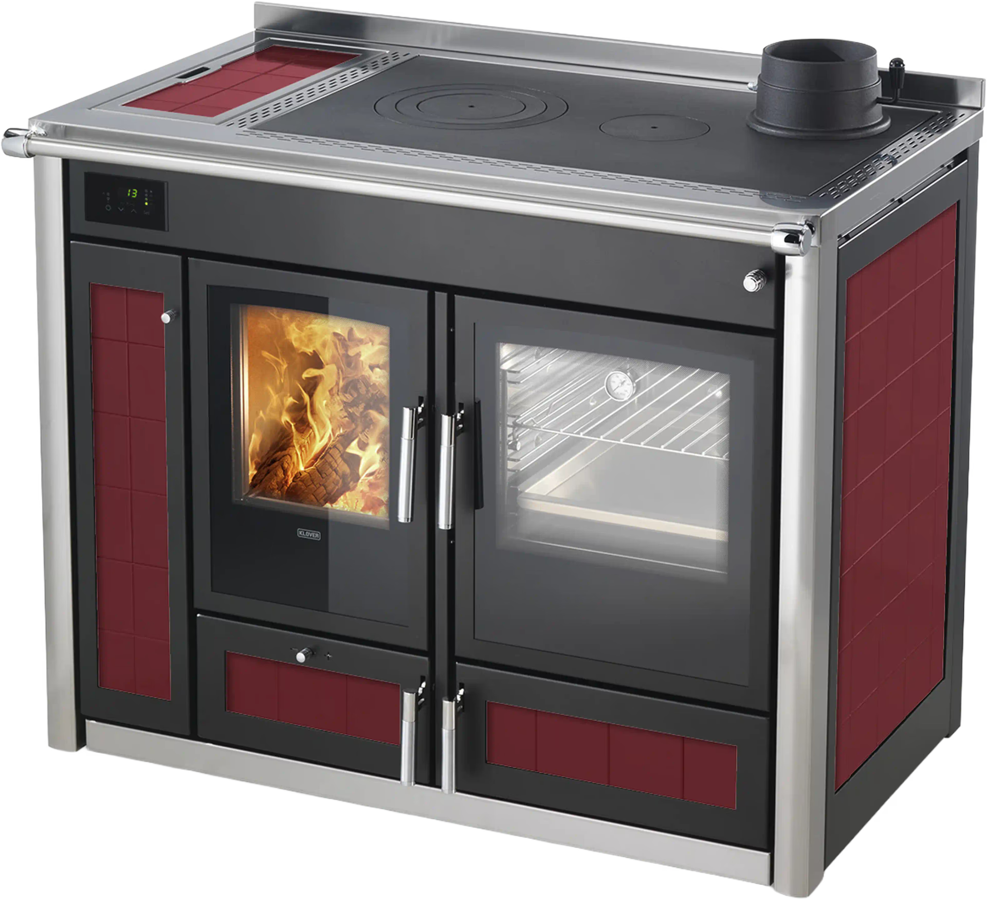 Termostufa a legna Klover Altea Plus con forno, modello Bordeaux con tre porte, in acciaio nero.