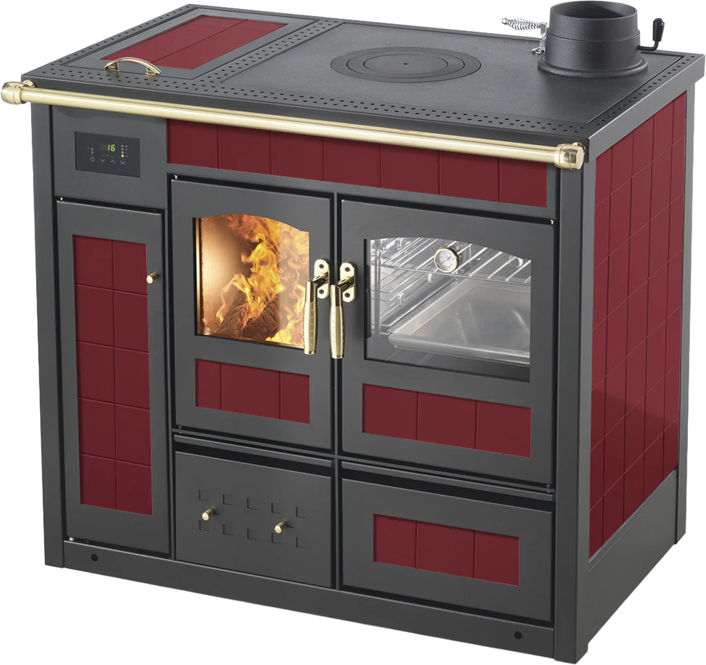 Termostufa a legna Klover Storica K-KP con forno, in finitura bordeaux, con dettagli eleganti e superficie liscia.