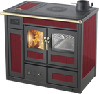 Termostufa a legna Klover Storica K-KP con forno, in finitura bordeaux, con dettagli eleganti e superficie liscia.