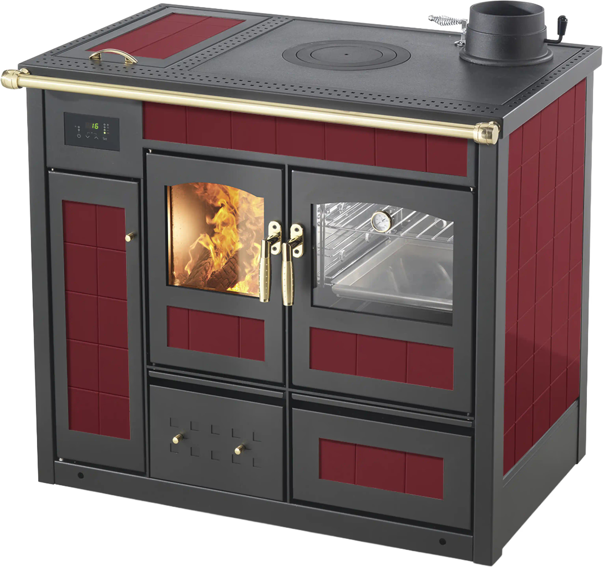 Termostufa a legna Klover Storica K-KP con forno, in finitura bordeaux, con dettagli eleganti e superficie liscia.
