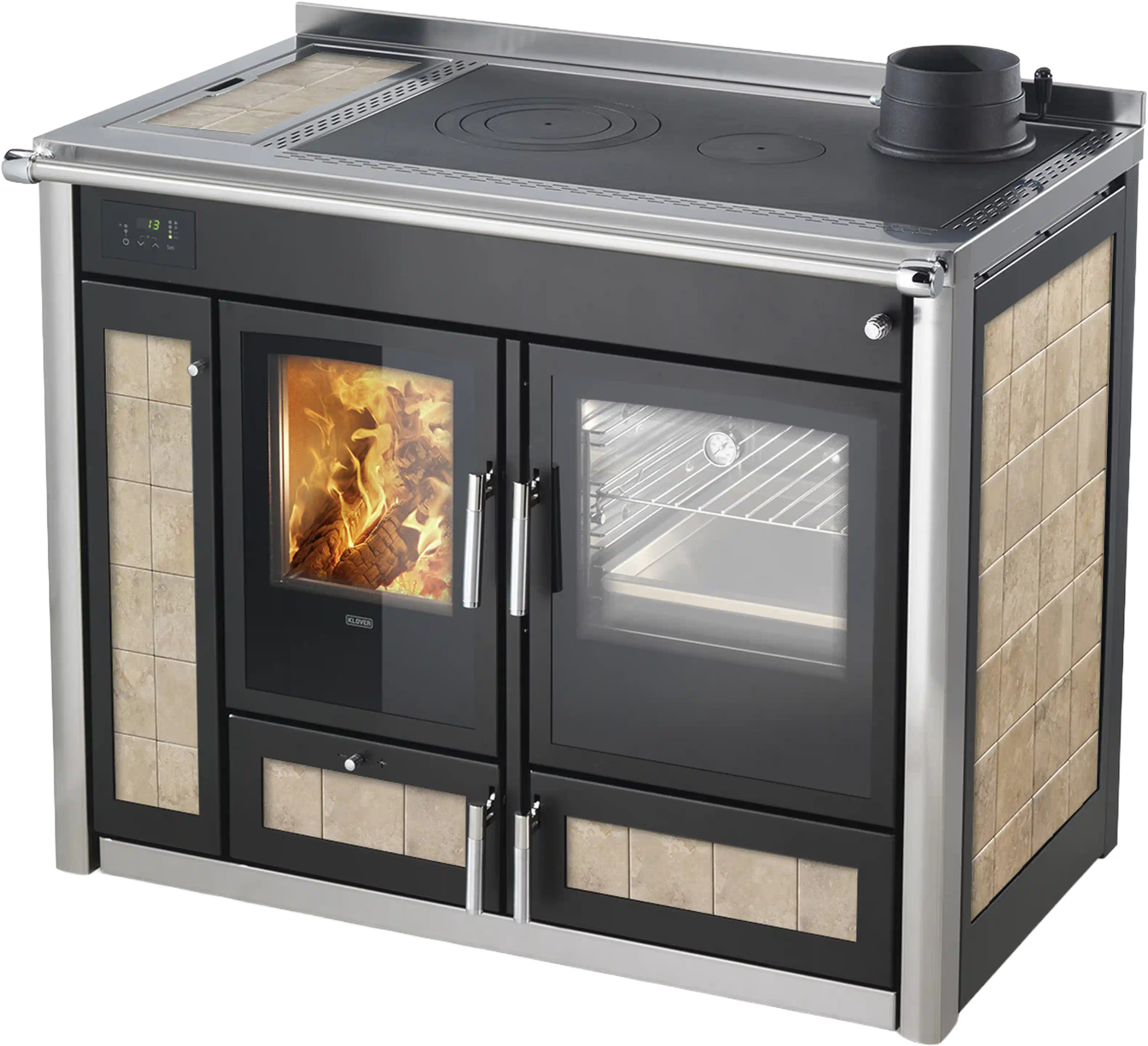 Termostufa a legna Klover Altea Plus con forno, design beige e tre quarti, vista frontale con dettagli del forno