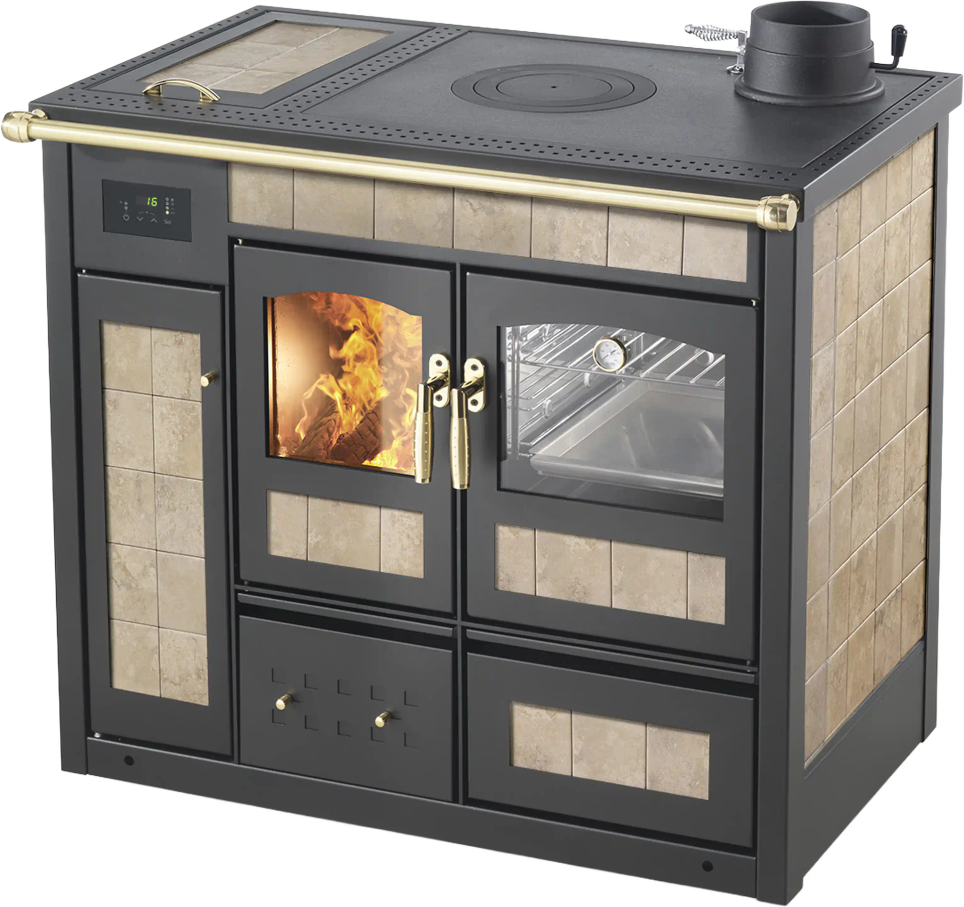 Termostufa a legna Klover Storica K-KP con forno, design beige e struttura tradizionale, ideale per riscaldamento domestico.