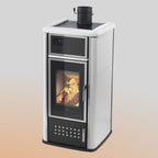 Termostufa a legna Klover Belvedere 20s in acciaio con porta e maniglie nere, vista frontale con fiamma accessa