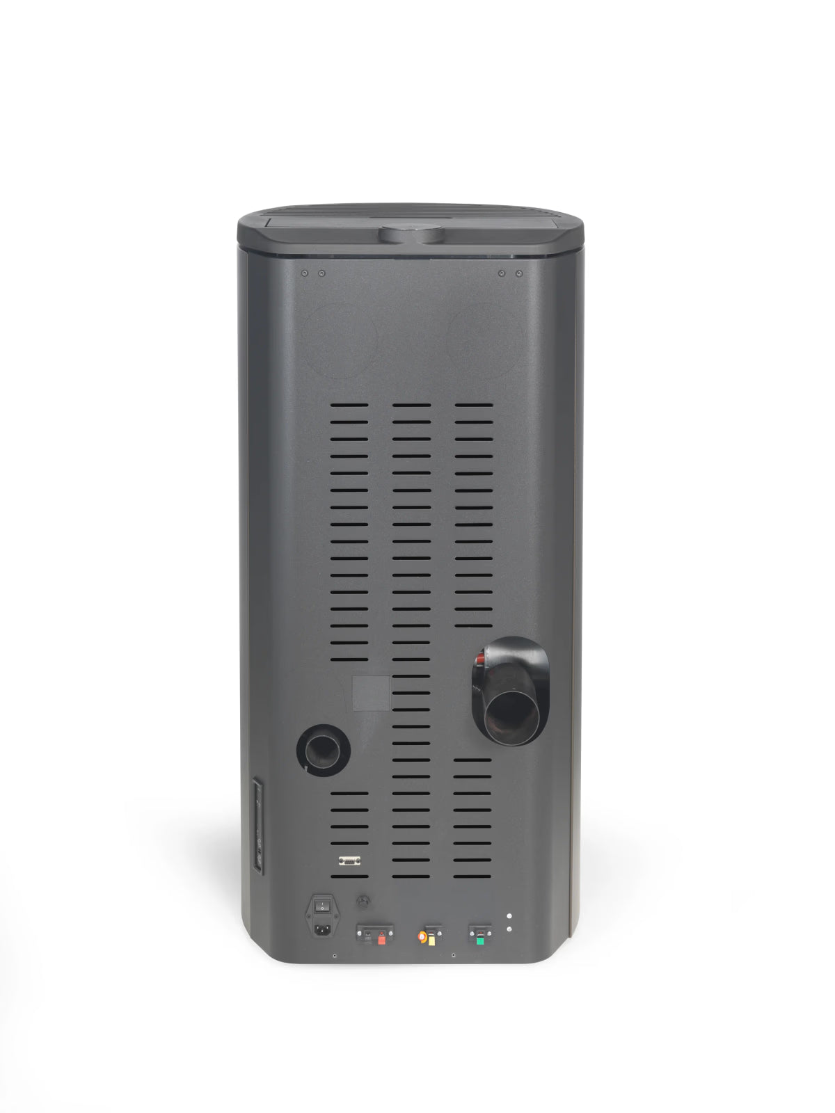 Stufa a pellet Klover Omega 120s AIR con pannello di controllo e uscita fumi in immagine.