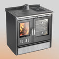 Stufa a legna Klover Star 90 Plus con porta in vetro e rivestimento in acciaio, ideale per riscaldare ambienti domestici.