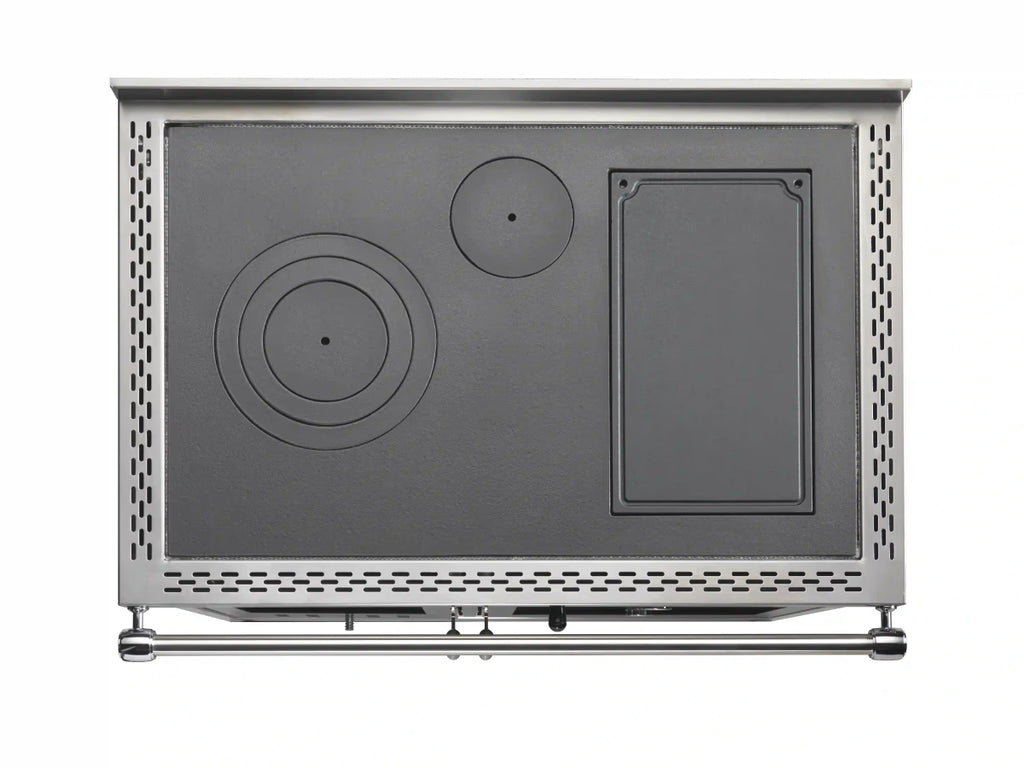 Stufa a legna Klover Star 90 Inox con porta in vetro e finiture in acciaio inossidabile, vista frontale.