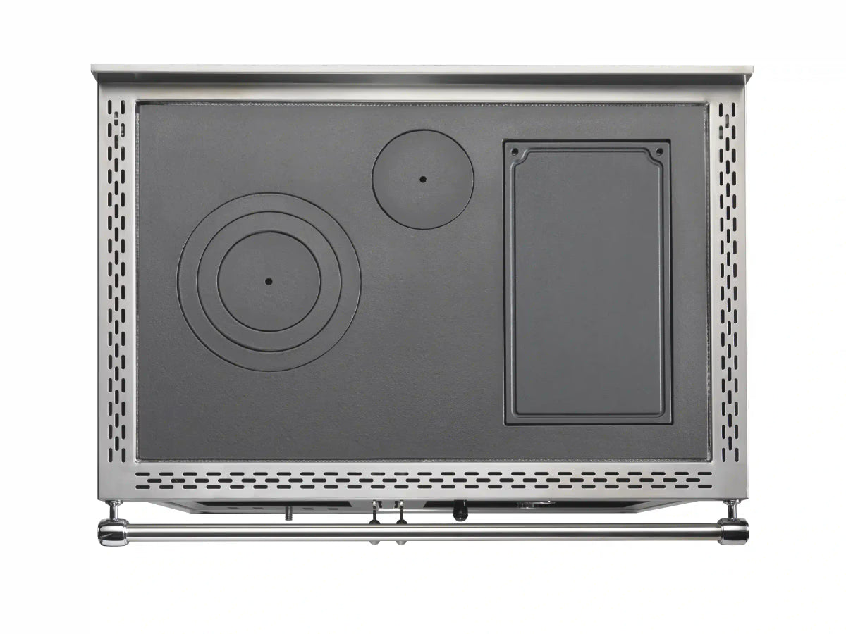 Stufa a legna Klover Star 90 Inox con porta in vetro e finiture in acciaio inossidabile, vista frontale.
