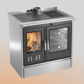 Stufa a legna Klover Star 90 Inox con struttura in acciaio inox, mostrata con porta e camino, ideale per riscaldamento domestico