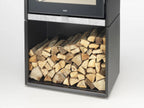 Stufa a legna Klover Venus con design moderno, visibile con porta in vetro e dettagli eleganti.