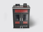 Stufa ibrida legna e pellet Klover Bi-Fire Mid con porta in vetro e design moderno, vista frontale dell'unità.
