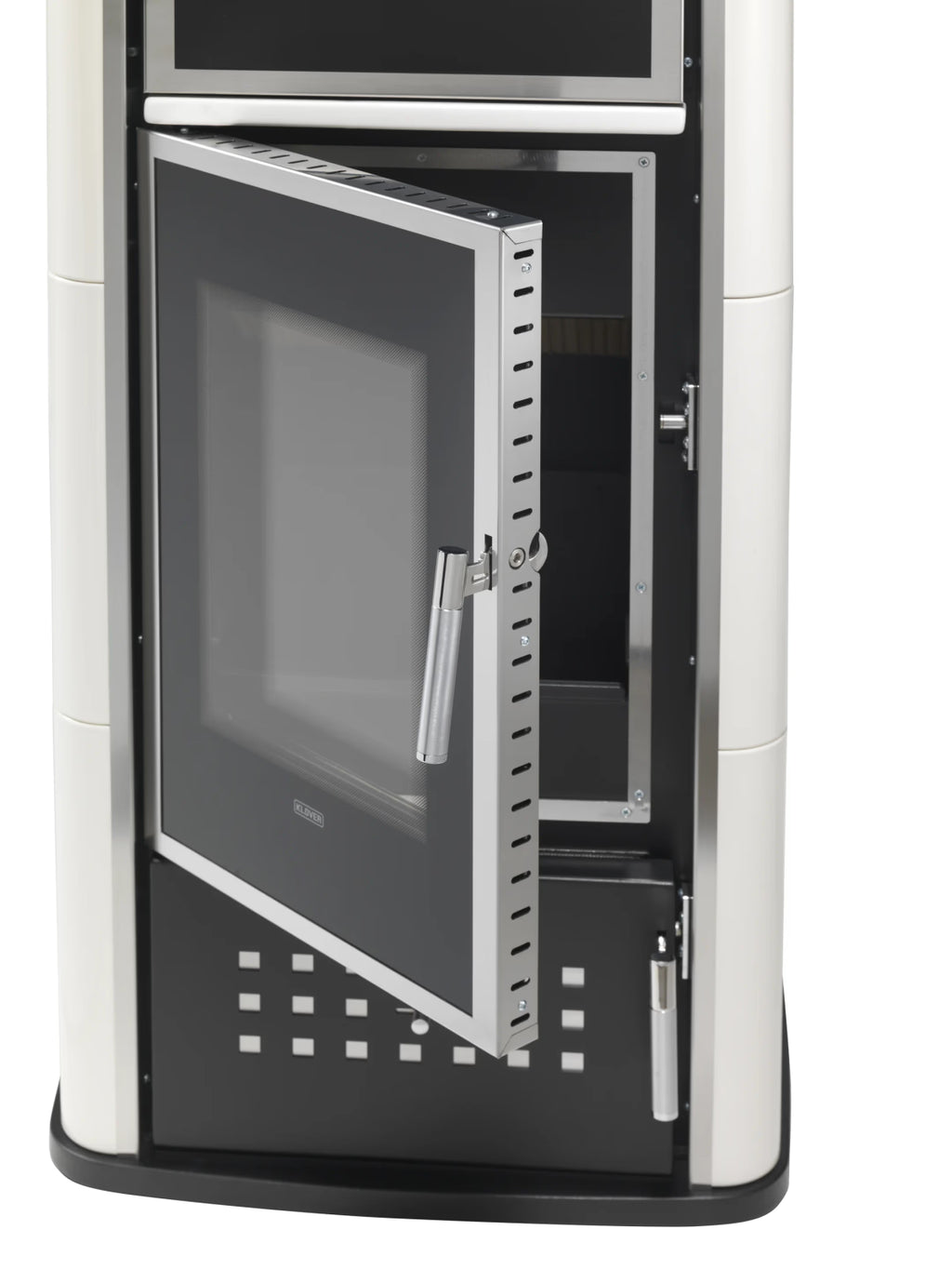 Termostufa a legna Klover BELVEDERE 20s con porta in vetro e finiture eleganti, ideale per riscaldare con stile.