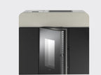 Termostufa a pellet Klover Diva Slim Gres con pannello frontale in gres e porta in vetro, vista frontale e dettagli del design elegante.