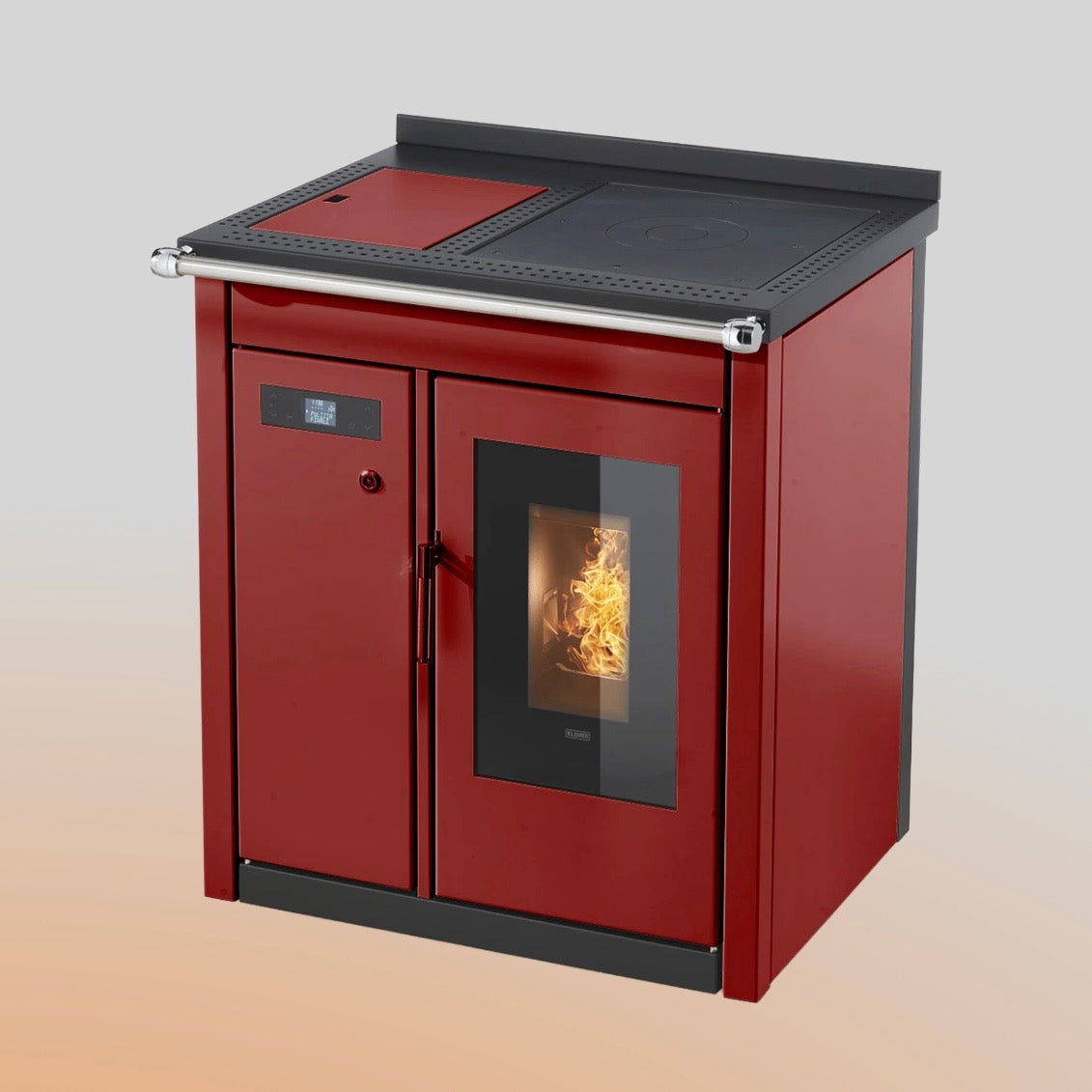 Termostufa a pellet Klover SMART 80 BT con porta in vetro e display digitale, visibile in immagine.