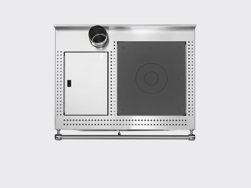 Termostufa a pellet Klover SMART 80 INOX con design in acciaio inox e display digitale, vista frontale e pannello di controllo
