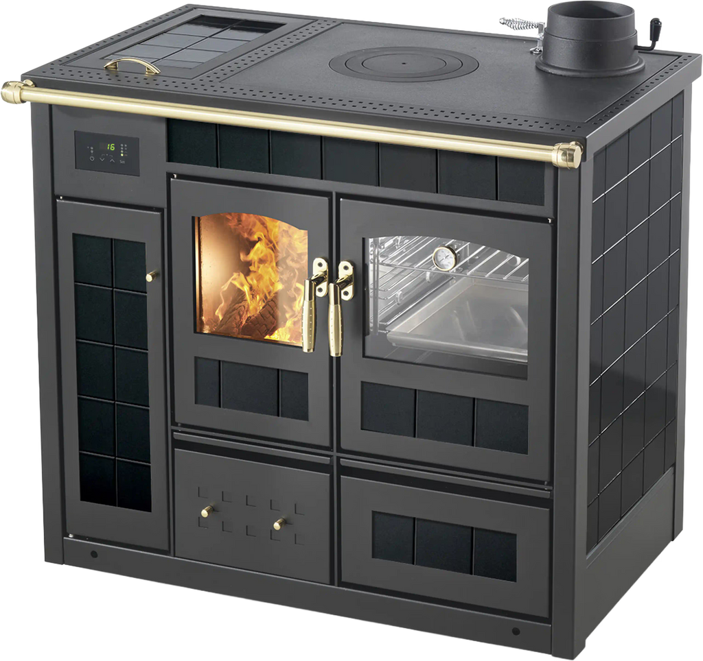 Termostufa a legna Klover Storica K-KP con forno, finitura nero lucido, vista dettagliata dell'unità.