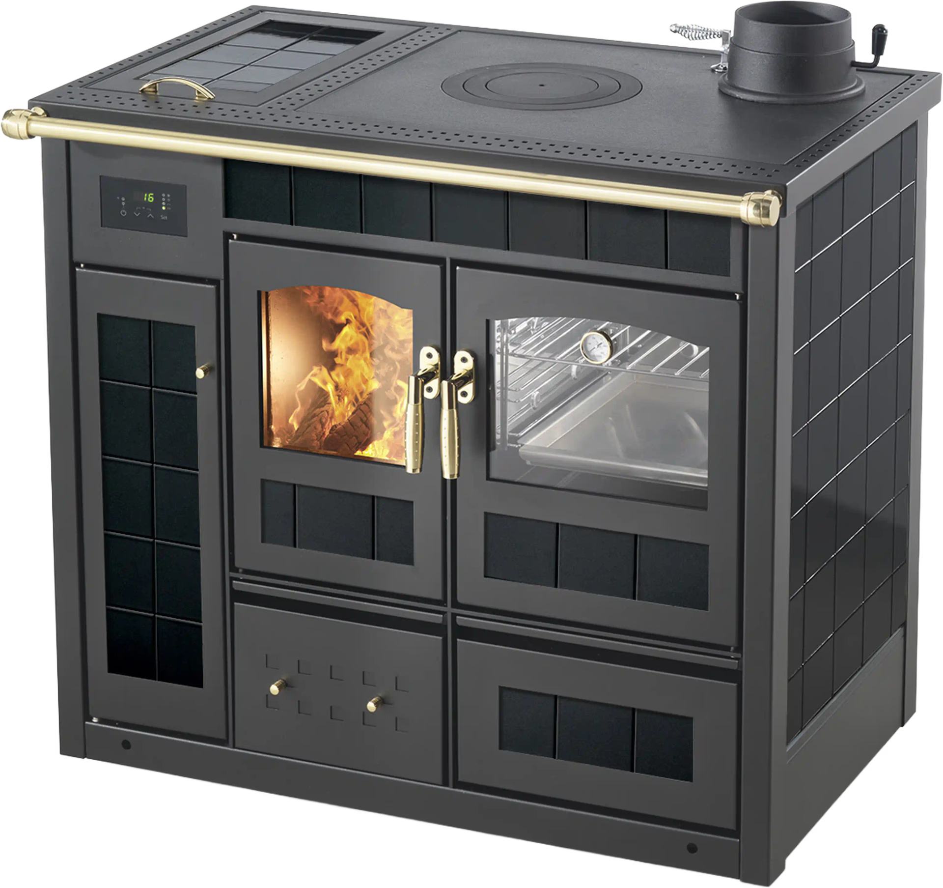 Termostufa a legna Klover Storica K-KP con forno, finitura nero lucido, vista dettagliata dell'unità.