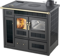 Termostufa a legna Klover Storica K-KP con forno, finitura nero lucido, con porta e maniglie in evidenza.