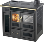 Termostufa a legna Klover Storica K-KP con forno, finitura nero lucido, con porta e maniglie in evidenza.