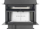 Camino a legna Orion 800 di Klover con apertura alta, in acciaio nero e design moderno, visibile con porta aperta.