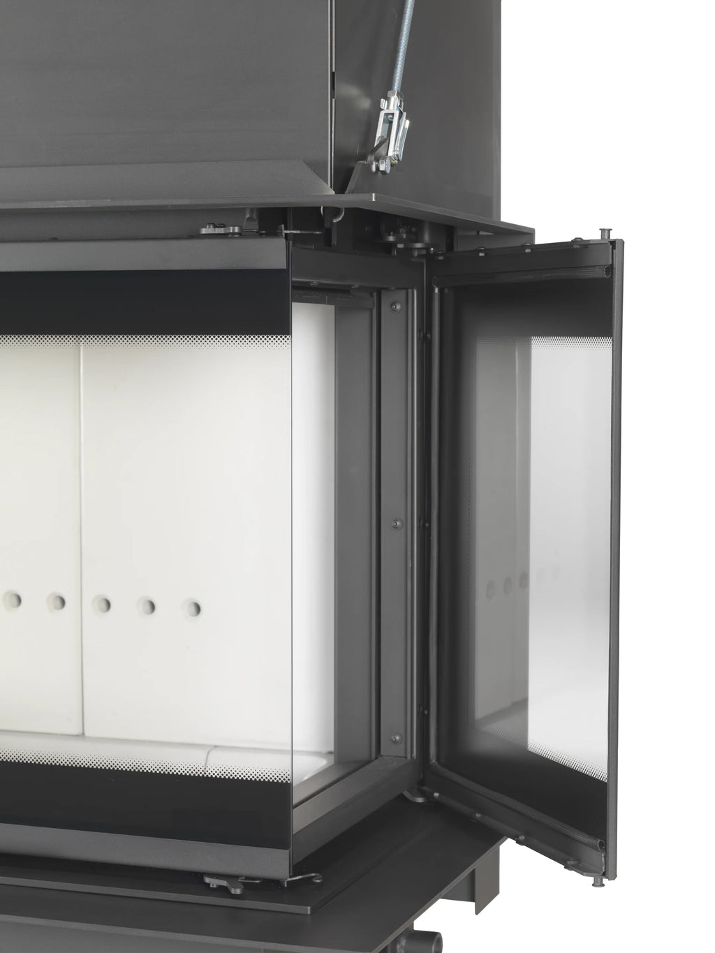 Caminetto a legna Klover Orion 800 con apertura laterale del vetro, design moderno e struttura in acciaio nero.