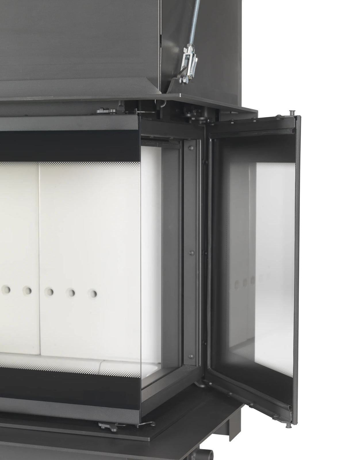 Caminetto a legna Klover Orion 800 con apertura laterale del vetro, design moderno e struttura in acciaio nero.
