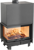Caminetto a legna Orion Corner L di Klover con design angolare e porta in vetro, ideale per riscaldamento domestico elegante.
