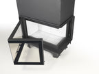 Camino a legna Orion Corner R di Klover con apertura laterale, modern design e struttura in stile angolare.