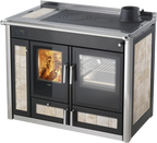 Termostufa a legna Klover Altea Plus con forno, vista frontale con porta in vetro e maniglie in metallo.
