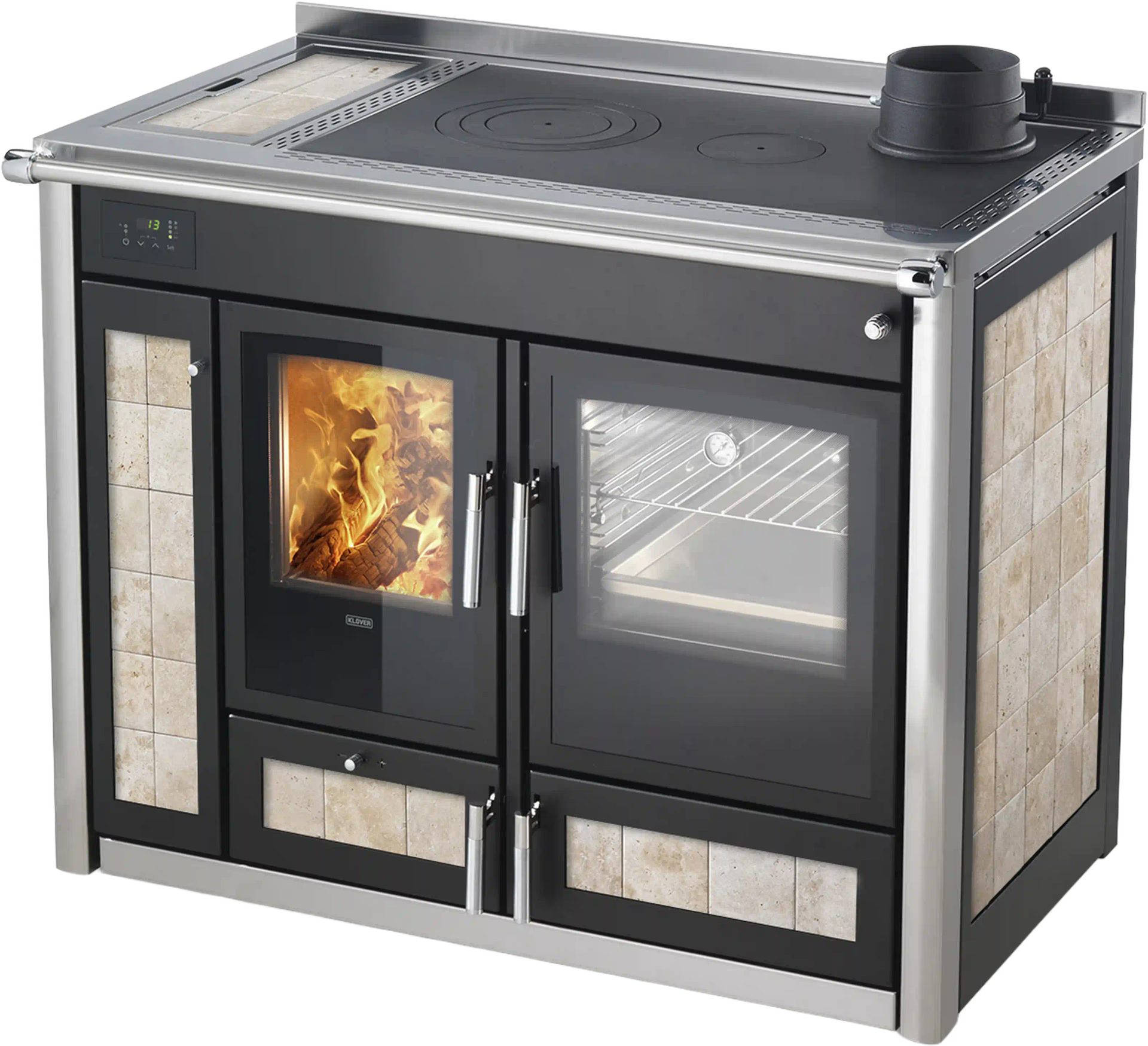 Termostufa a legna Klover Altea Plus con forno, vista frontale con porta in vetro e maniglie in metallo.