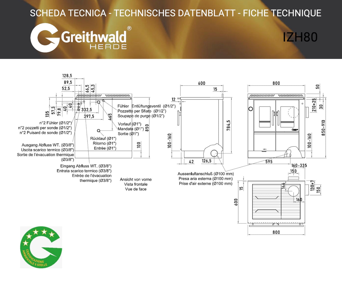 Termostufa a legna Greithwald IZH 80 - 22 kW, vista frontale con porta in vetro e pannello di controllo.