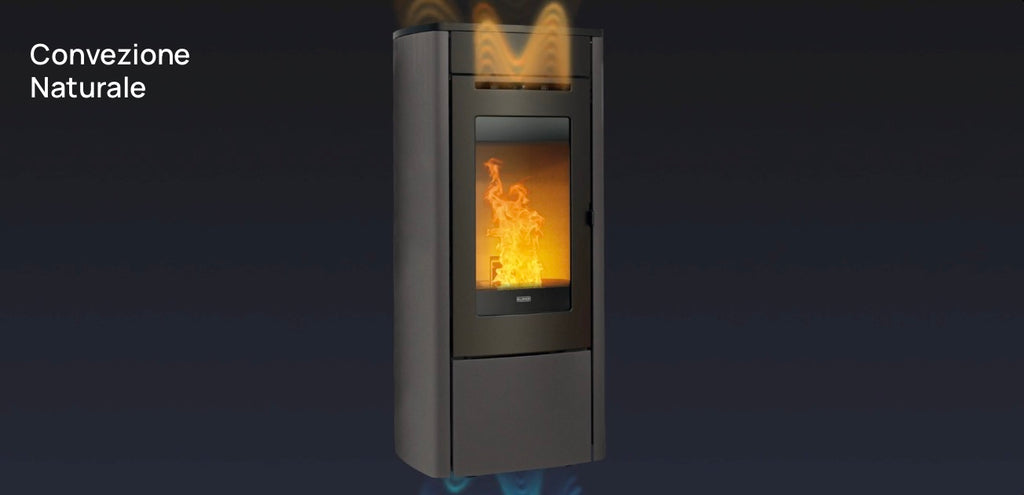 Stufa a pellet Soft 8s Klover con porta in vetro e display digitale, ideale per riscaldamento domestico efficiente