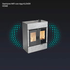 Termostufa a pellet Klover Thermoaura 120s con schermo digitale e design moderno, vista frontale dell'apparecchio.