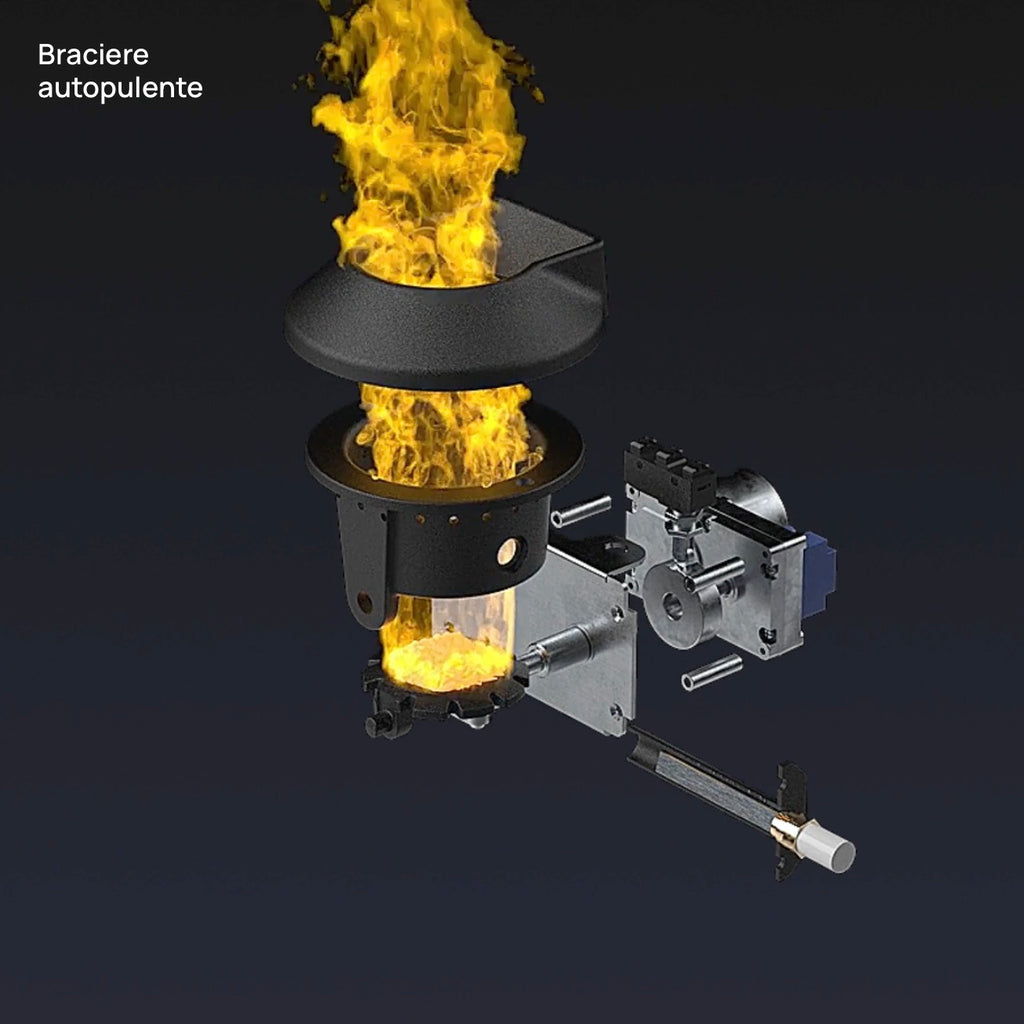 Termostufa a pellet Klover Thermoaura 120s con display digitale e dettagli visivi dell'unità di riscaldamento a pellet.