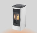 Termostufa a pellet Klover Thermoaura 120s, vista frontale con display digitale e area di combustione.