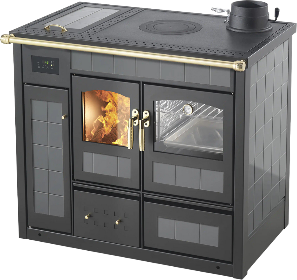 Termostufa a legna Klover Storica K-KP con forno, design elegante in acciaio argento, vista frontale con porta e maniglie.