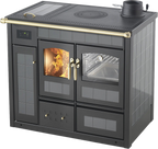 Termostufa a legna Klover Storica K-KP con forno, design elegante in acciaio argento, vista frontale con porta e maniglie.