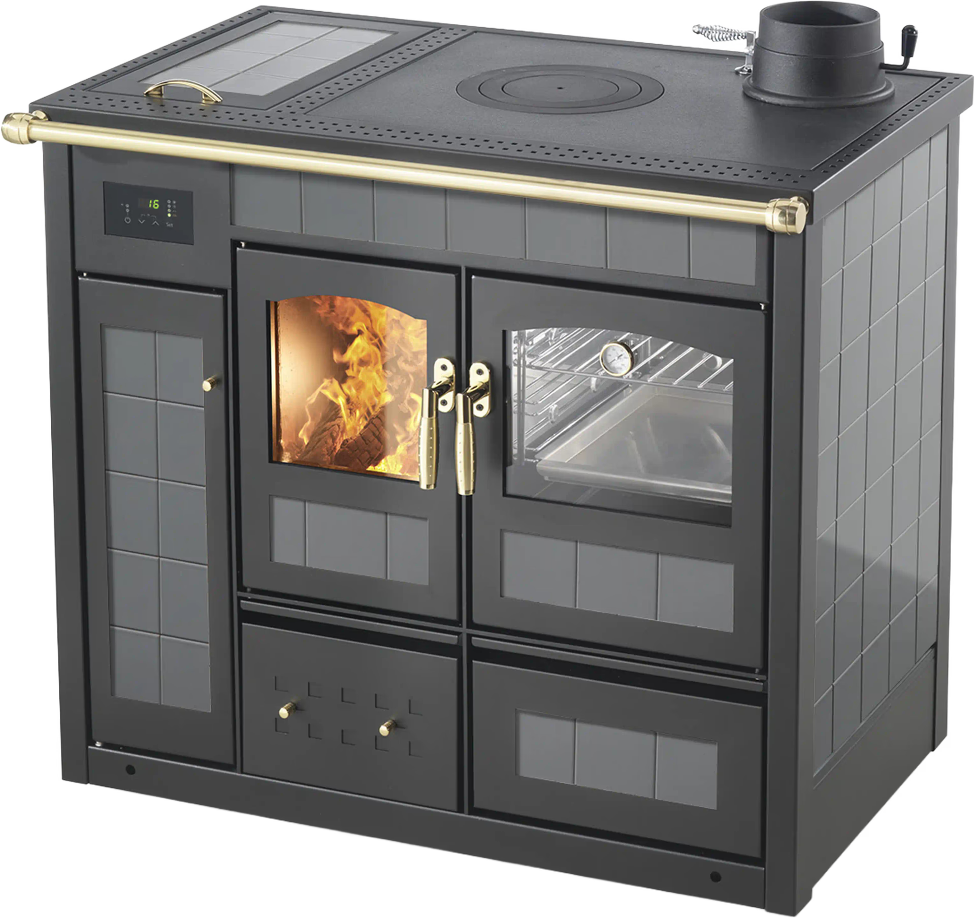 Termostufa a legna Klover Storica K-KP con forno, design elegante in acciaio argento, vista frontale con porta e maniglie.