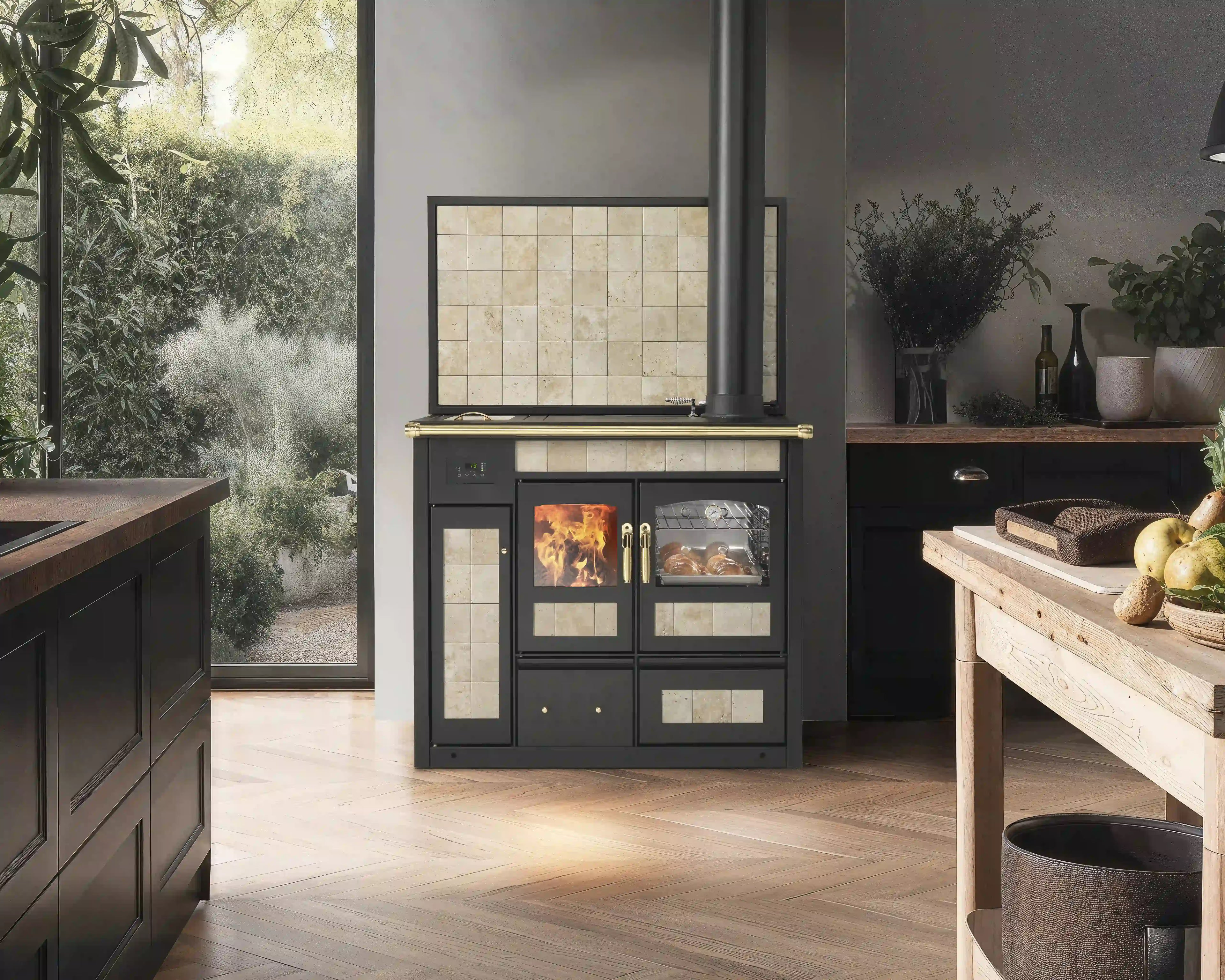Stufa a legna Storica K-KP con forno di marca Klover, design tradizionale e funzionale, vista frontale con pannello di controllo.