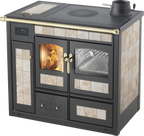 Termostufa a legna Klover Storica K-KP con forno, moderna e elegante, visibile con dettagli di design e porta in vetro.