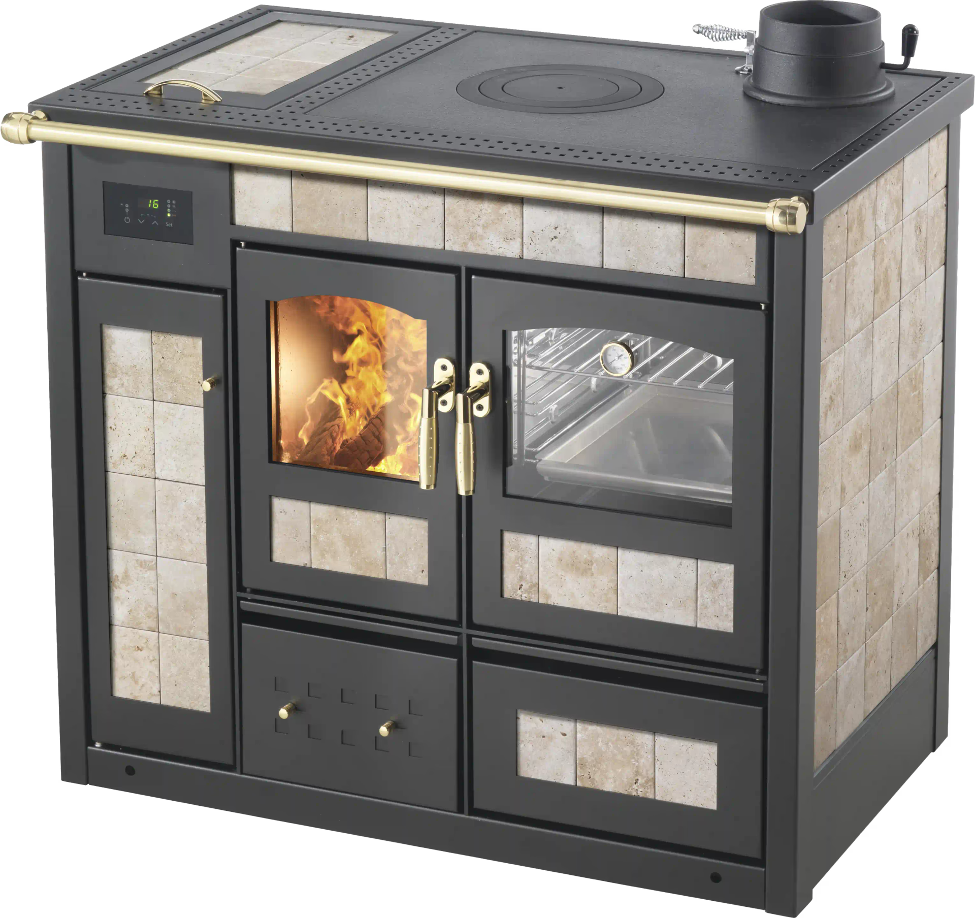 Termostufa a legna Klover Storica K-KP con forno, moderna e elegante, visibile con dettagli di design e porta in vetro.