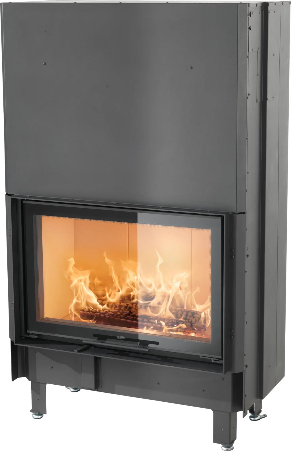 Camino a legna Klover Frontal Block 950 con porta in vetro, design moderno e struttura in acciaio.